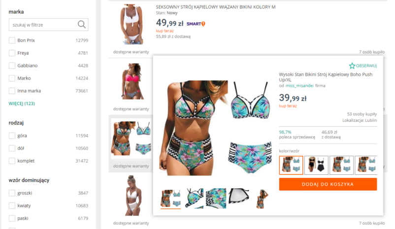 Okienko oferty wyskakujące po najechaniu na miniaturkę